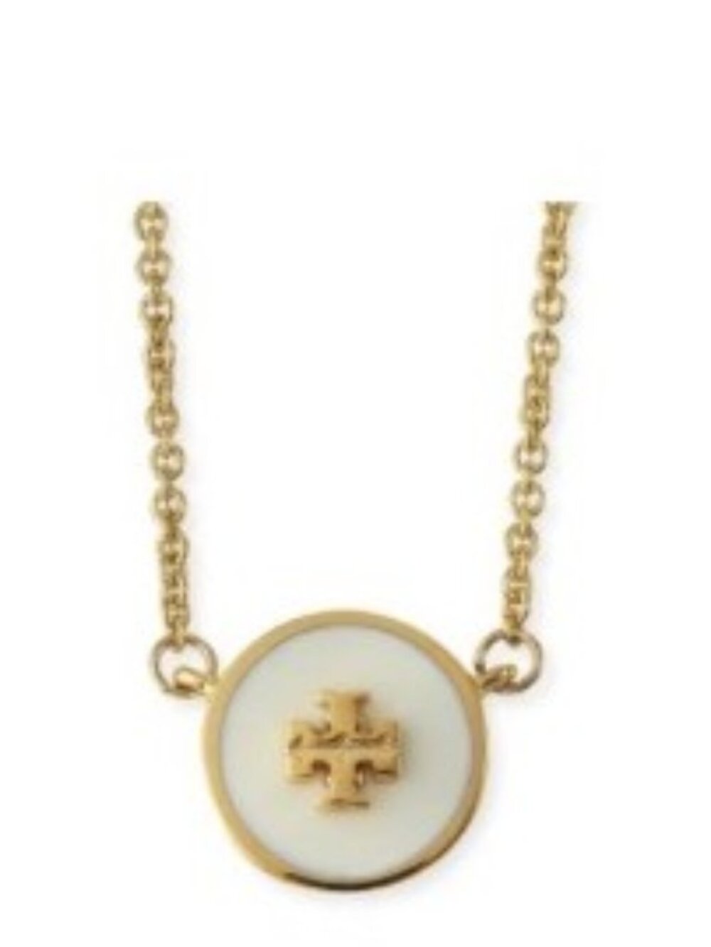 New Tory Burch Kira White Enamel Gold Logo Pendant Necklace